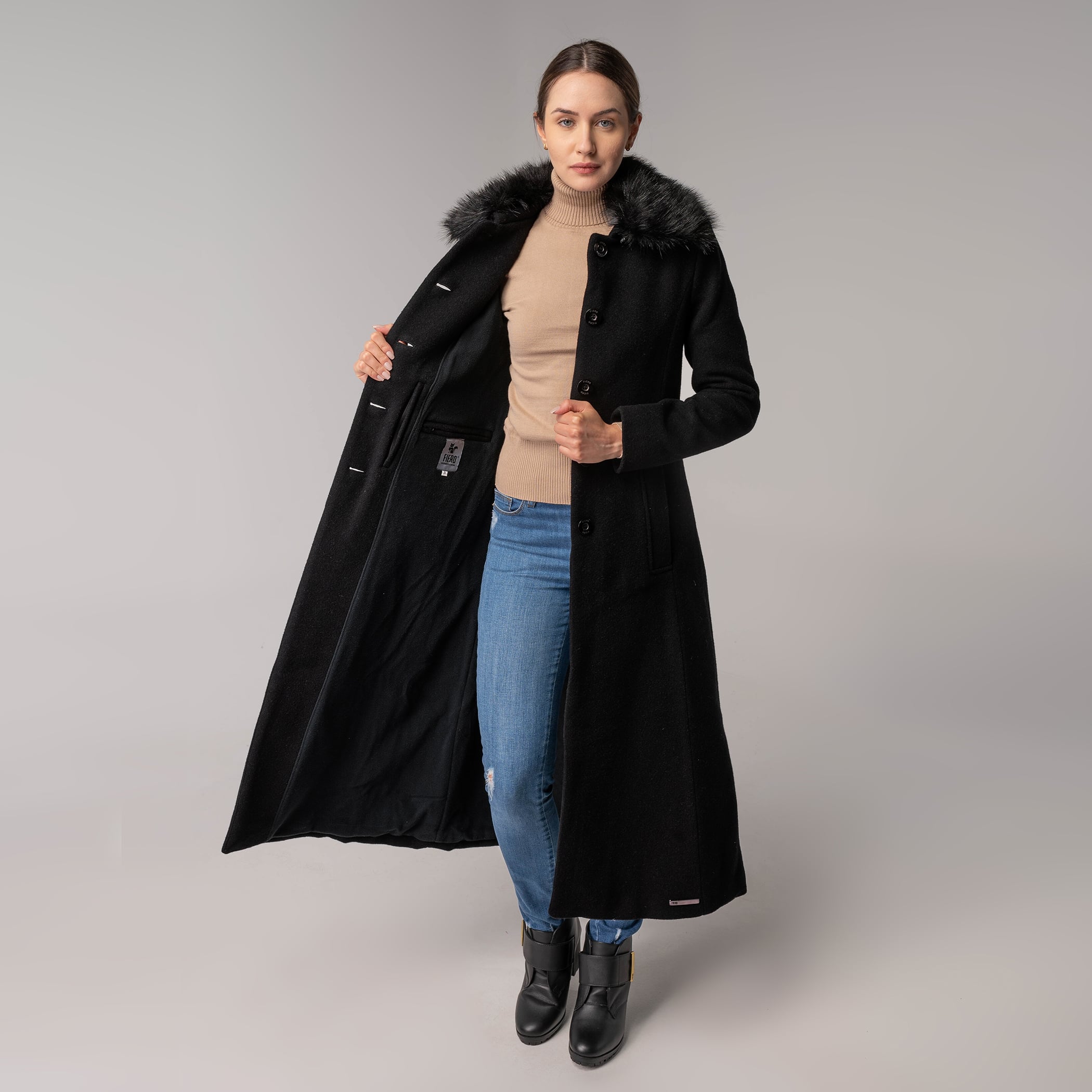 Sobretudo longo Térmico Feminino Aston em Lã Premium italiana com gola pelos removível