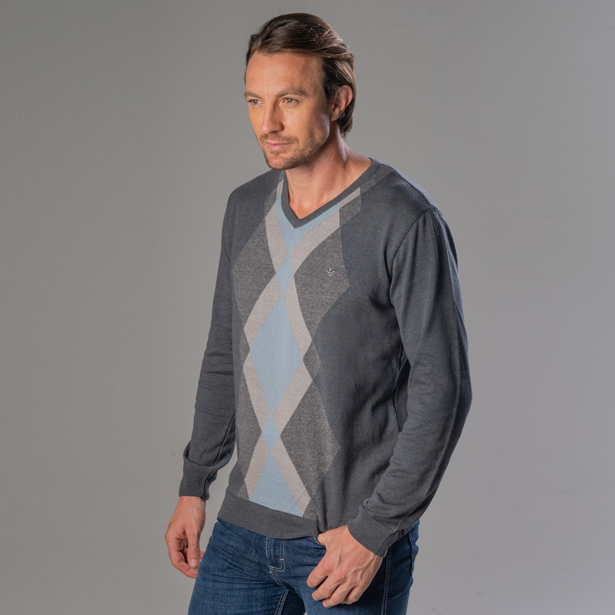 Suéter Masculino Tricô Premium Losango Scotland Gola V - Cinza