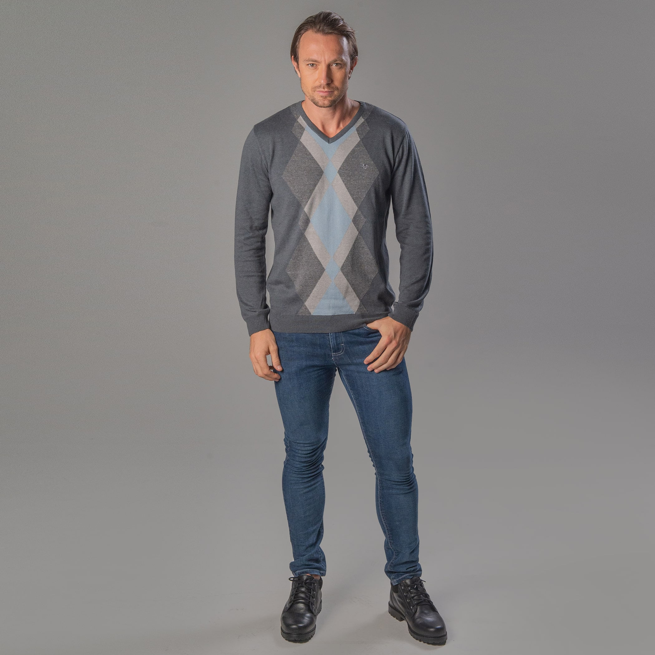 Suéter Masculino Tricô Premium Losango Scotland Gola V - Cinza