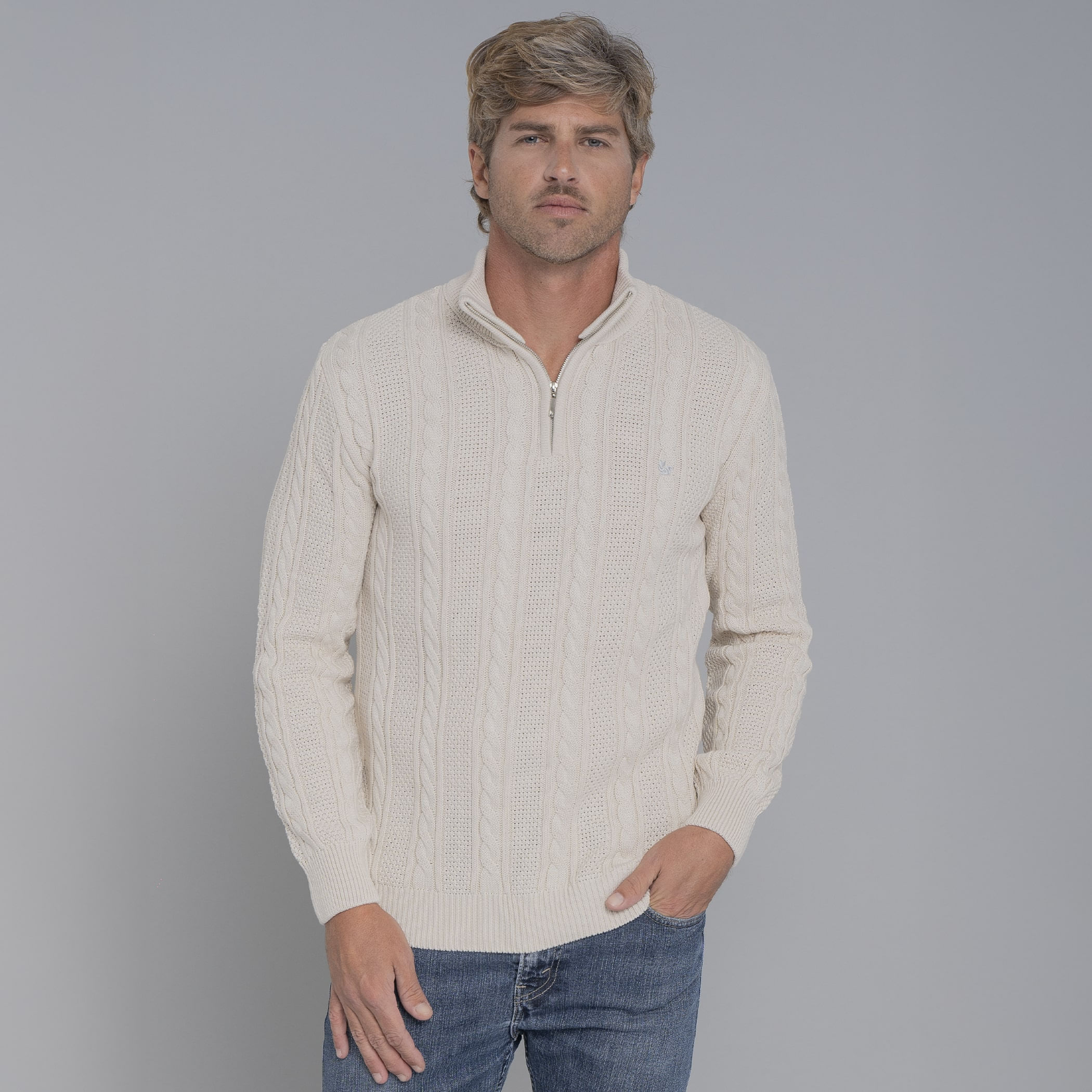 Suéter masculino em tricô premium Tahua meio zíper gola alta