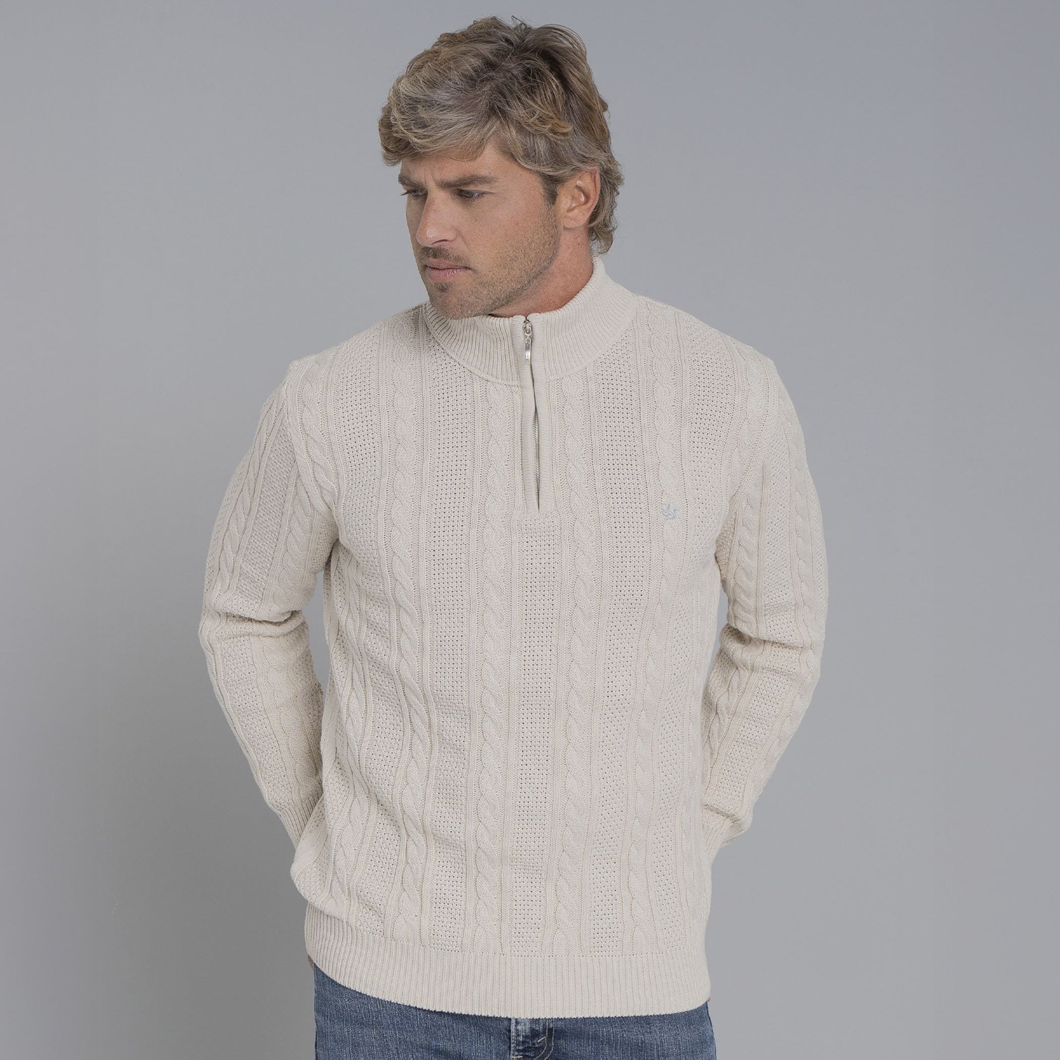 Suéter masculino em tricô premium Tahua meio zíper gola alta
