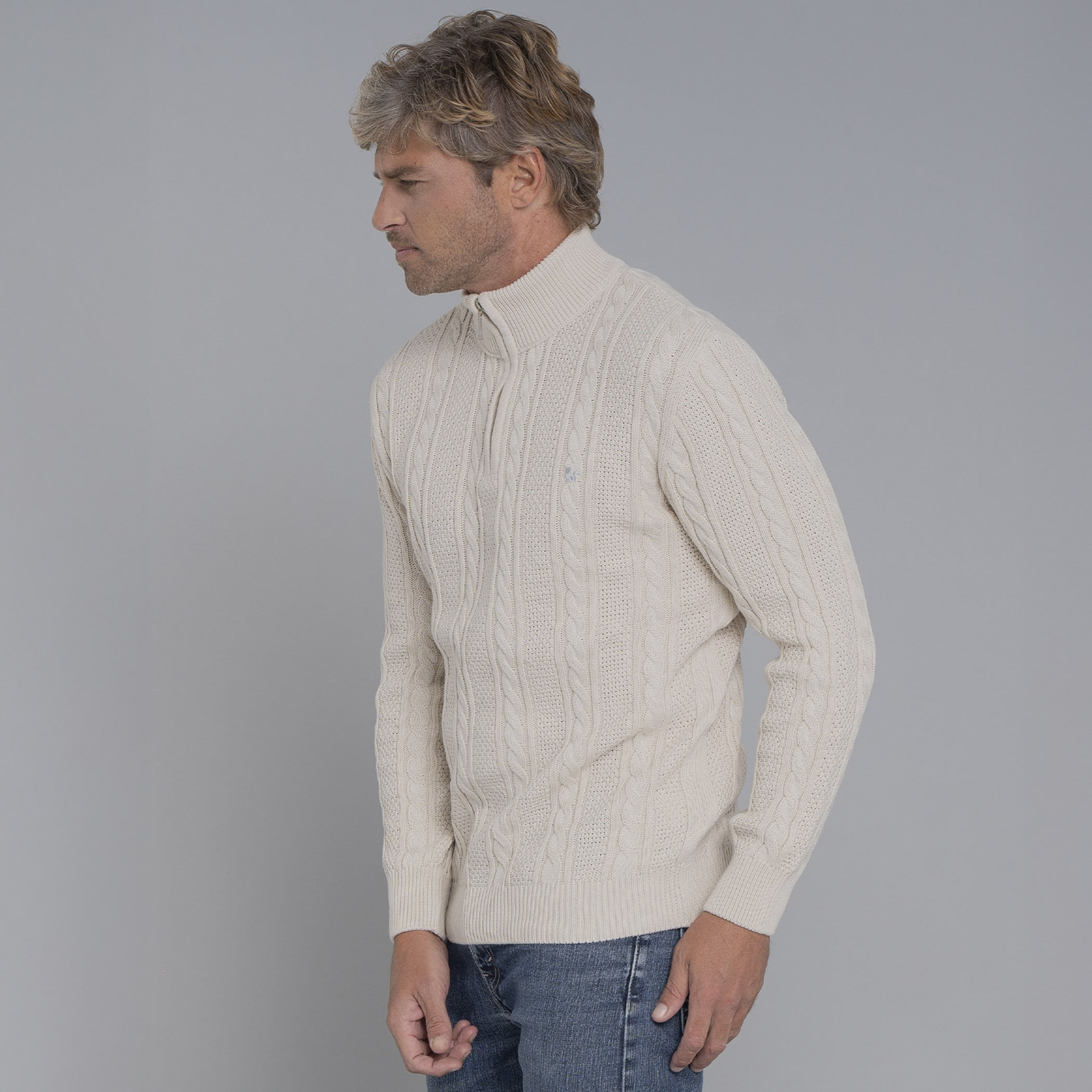 Suéter masculino em tricô premium Tahua meio zíper gola alta