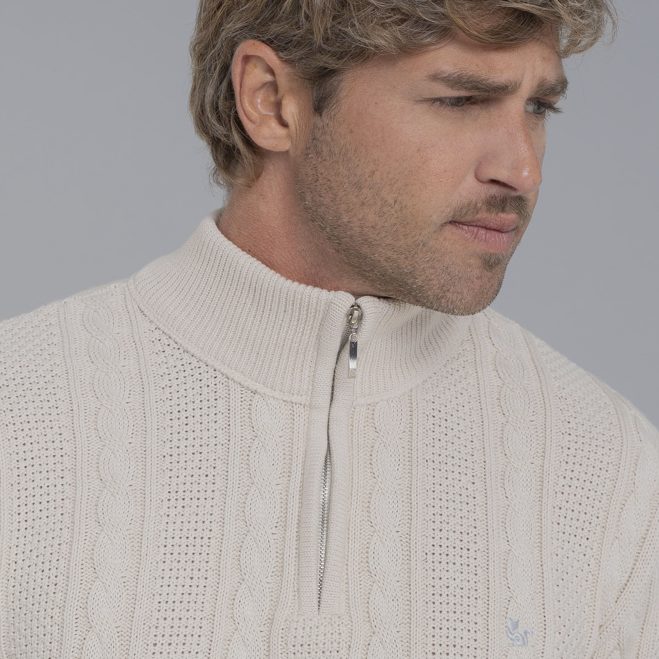Suéter masculino em tricô premium Tahua meio zíper gola alta