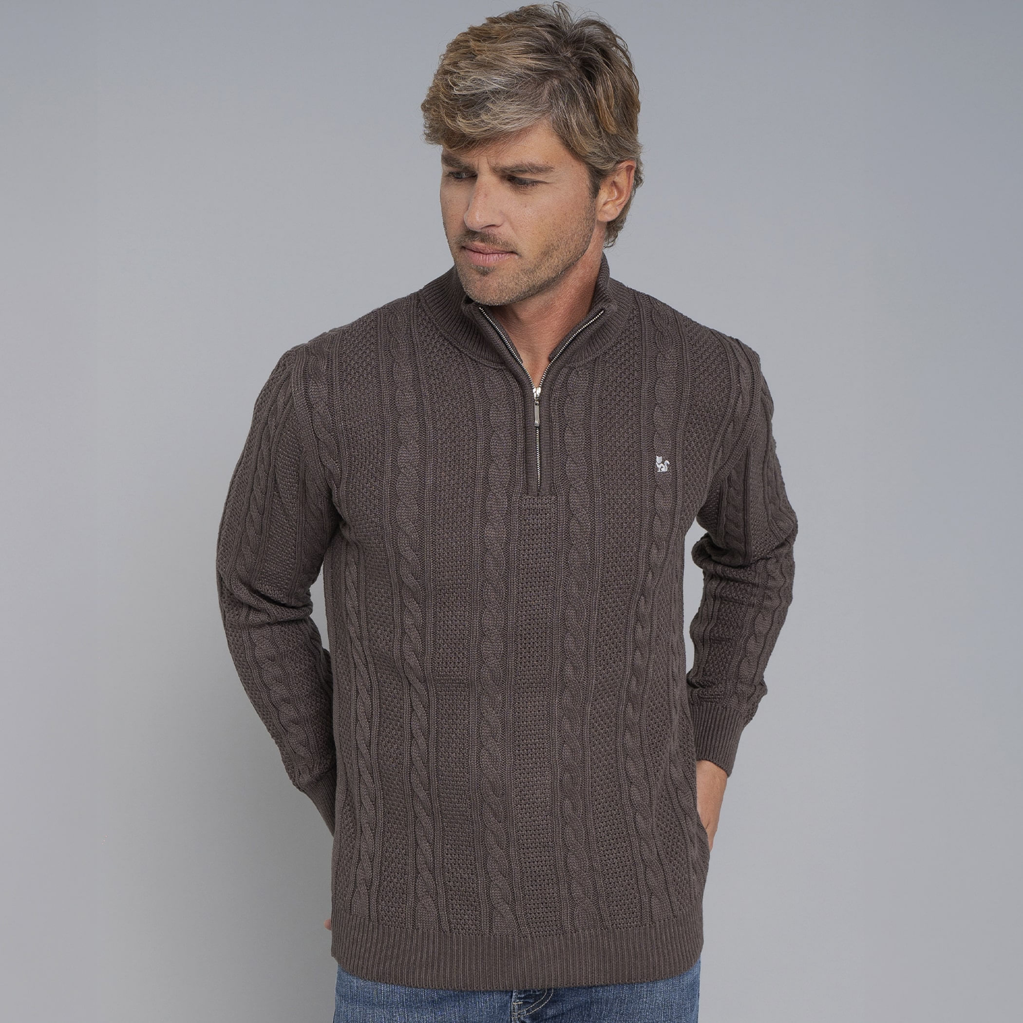 Suéter masculino em tricô premium Tahua meio zíper gola alta
