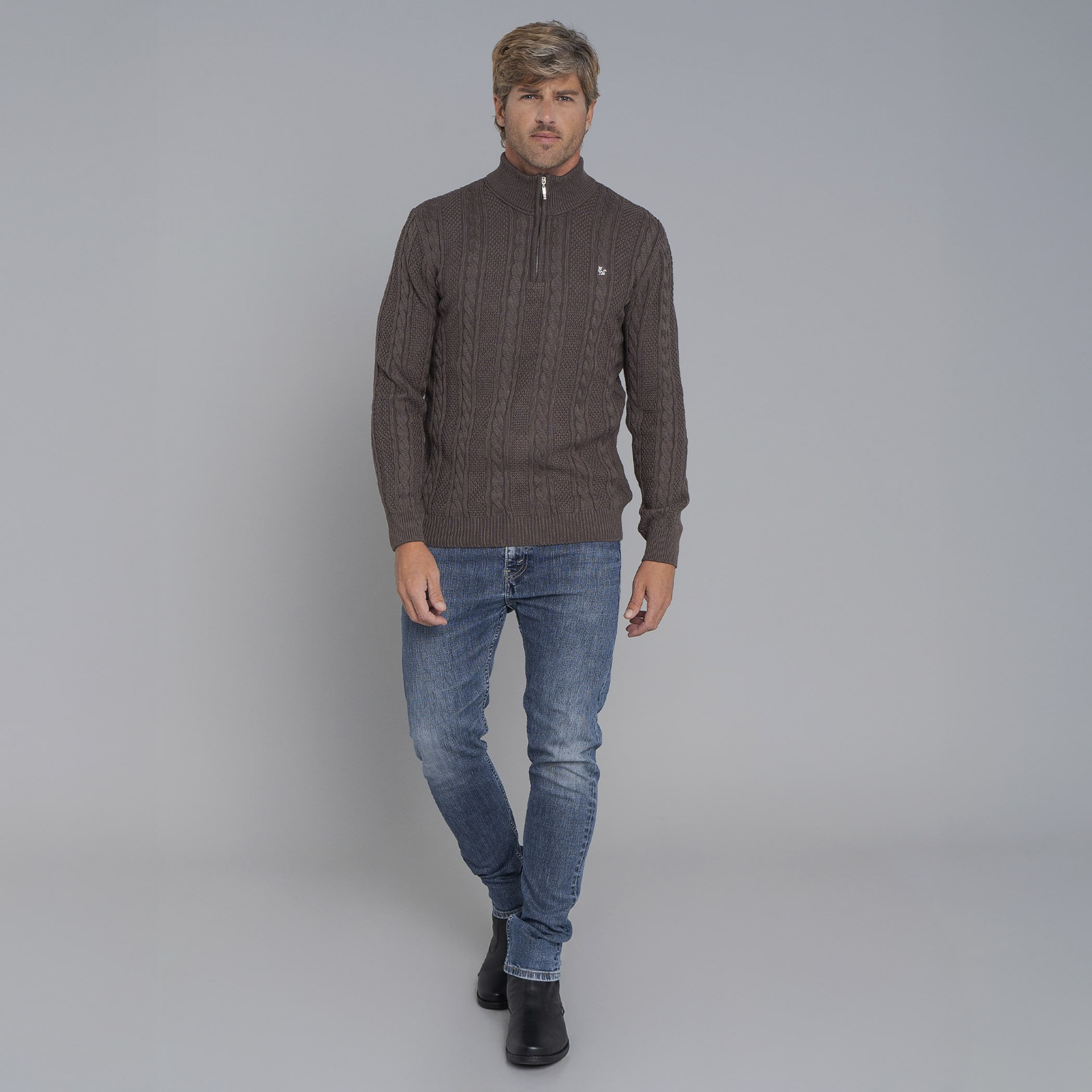 Suéter masculino em tricô premium Tahua meio zíper gola alta
