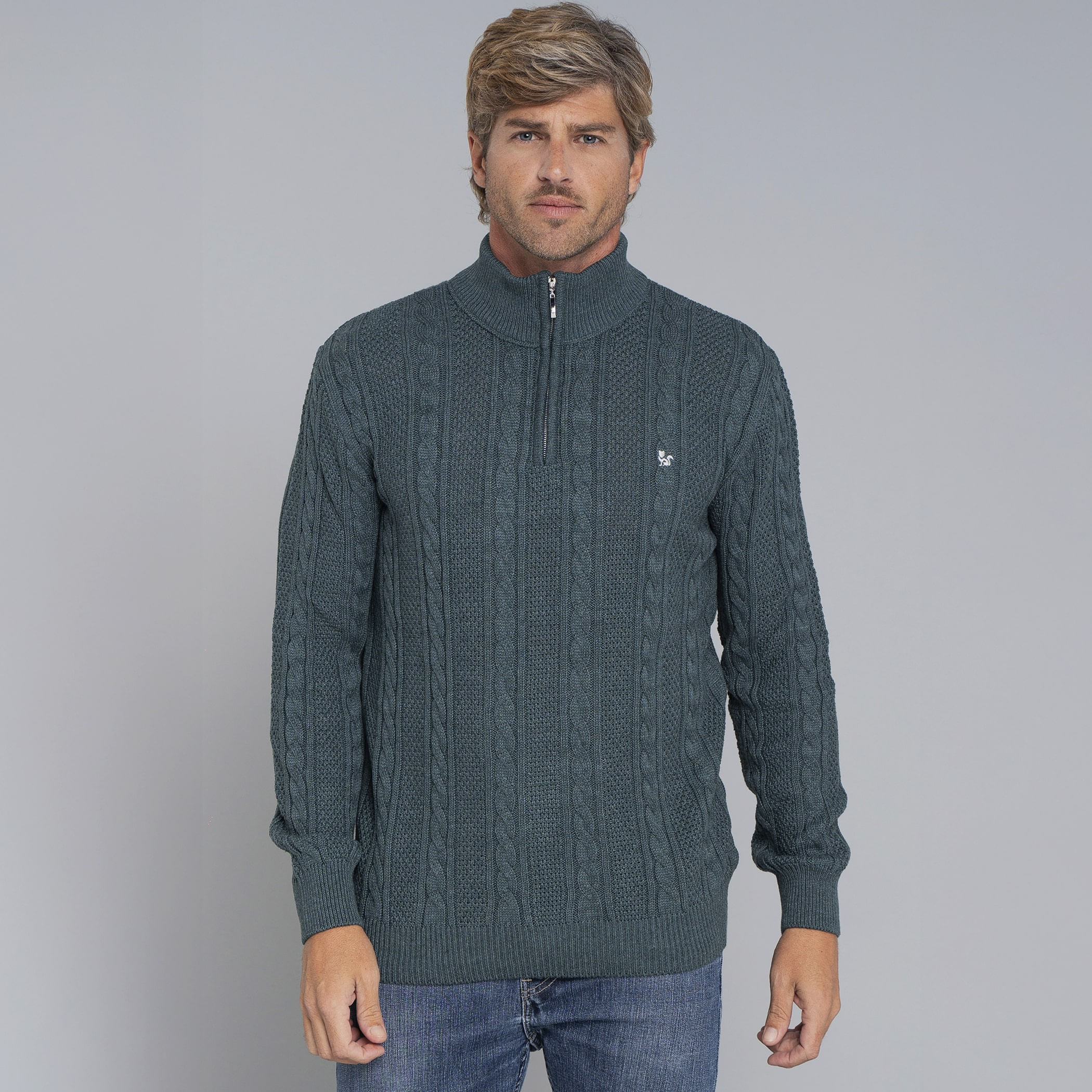 Suéter masculino em tricô premium Tahua meio zíper gola alta