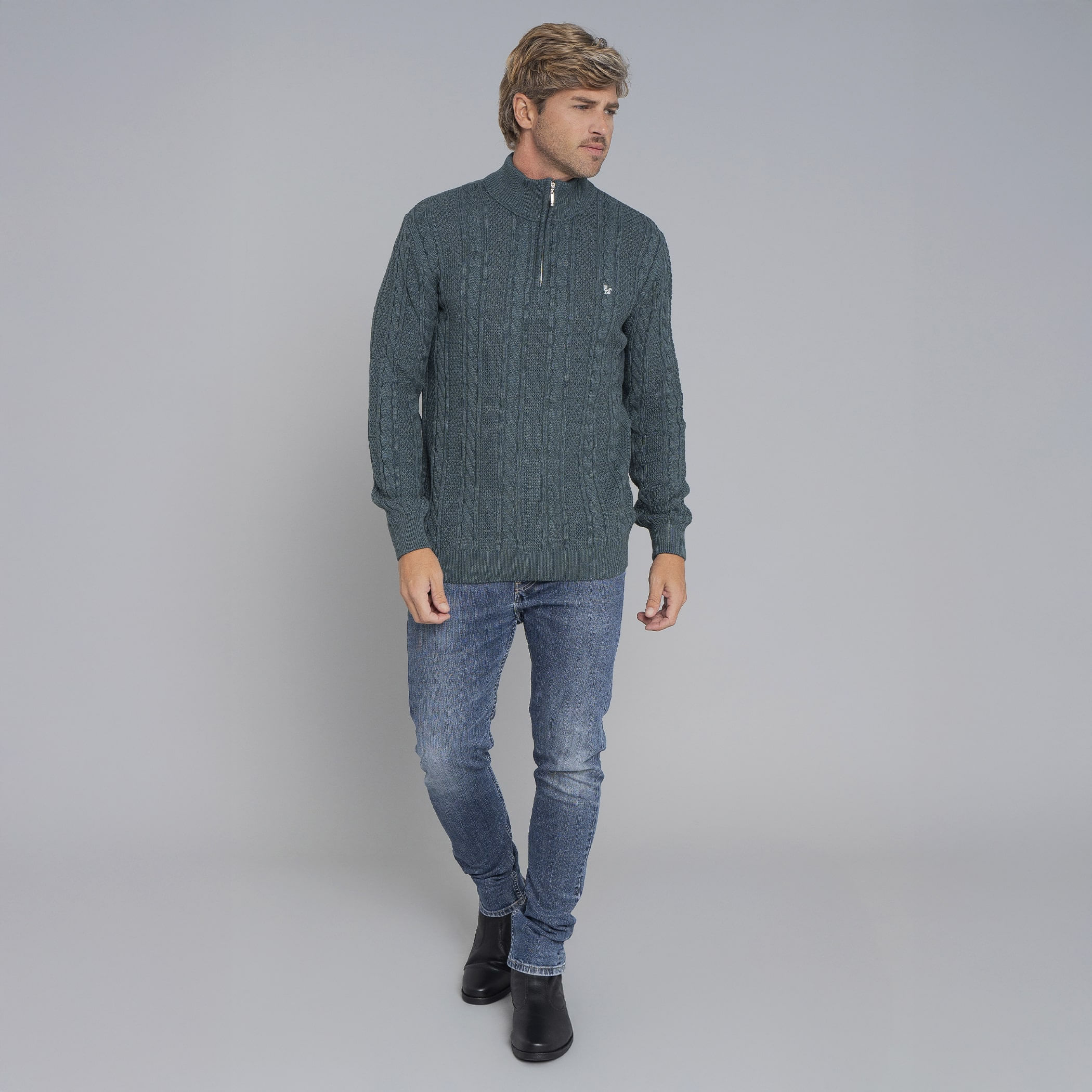 Suéter masculino em tricô premium Tahua meio zíper gola alta