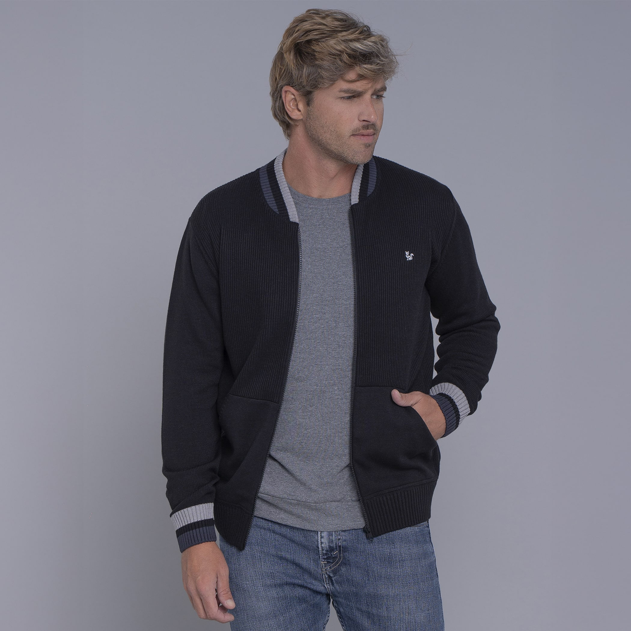 Jaqueta masculina bomber em tricô Lapacho