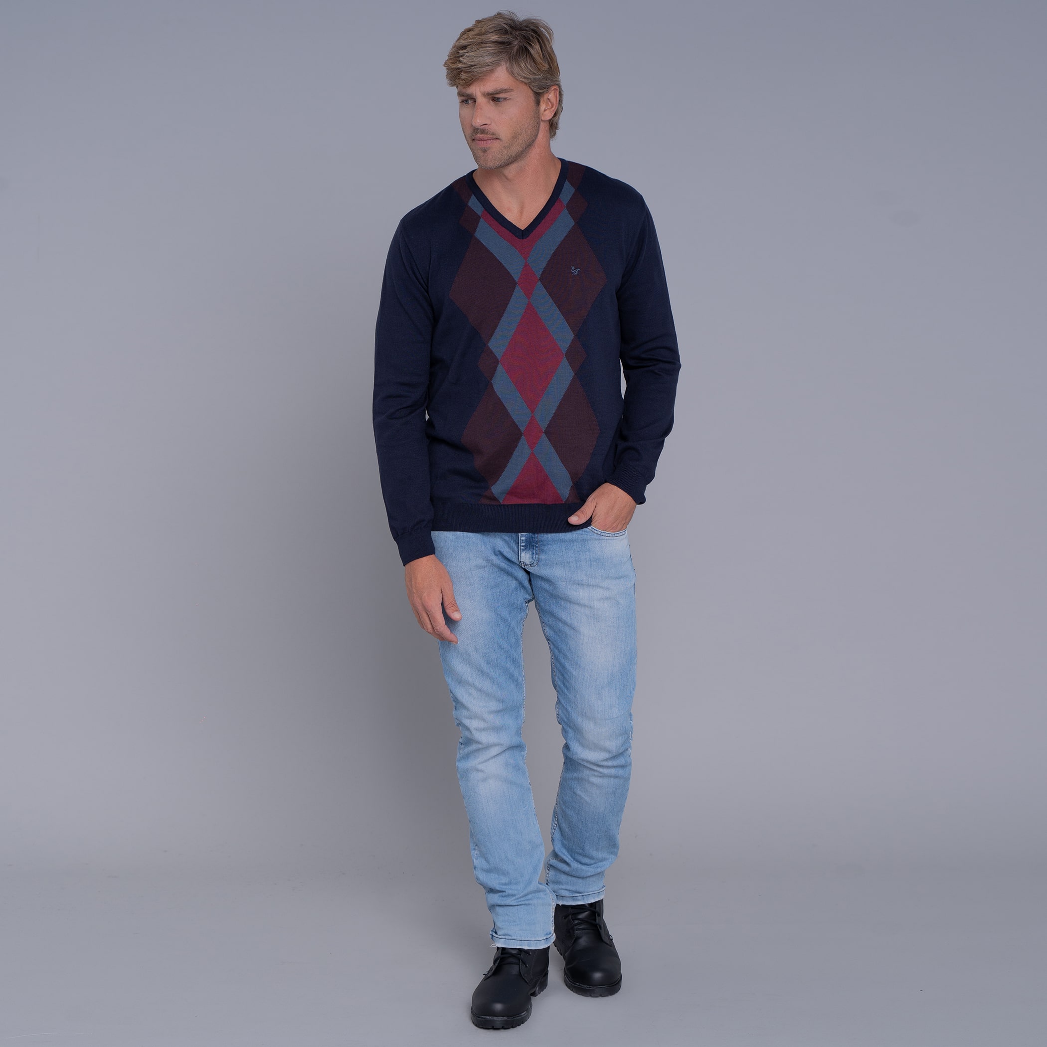 Suéter Masculino Tricô Premium Losango Scotland Gola V - AM