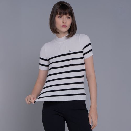Blusa feminina manga curta gola alta de tricô canelado La Merced