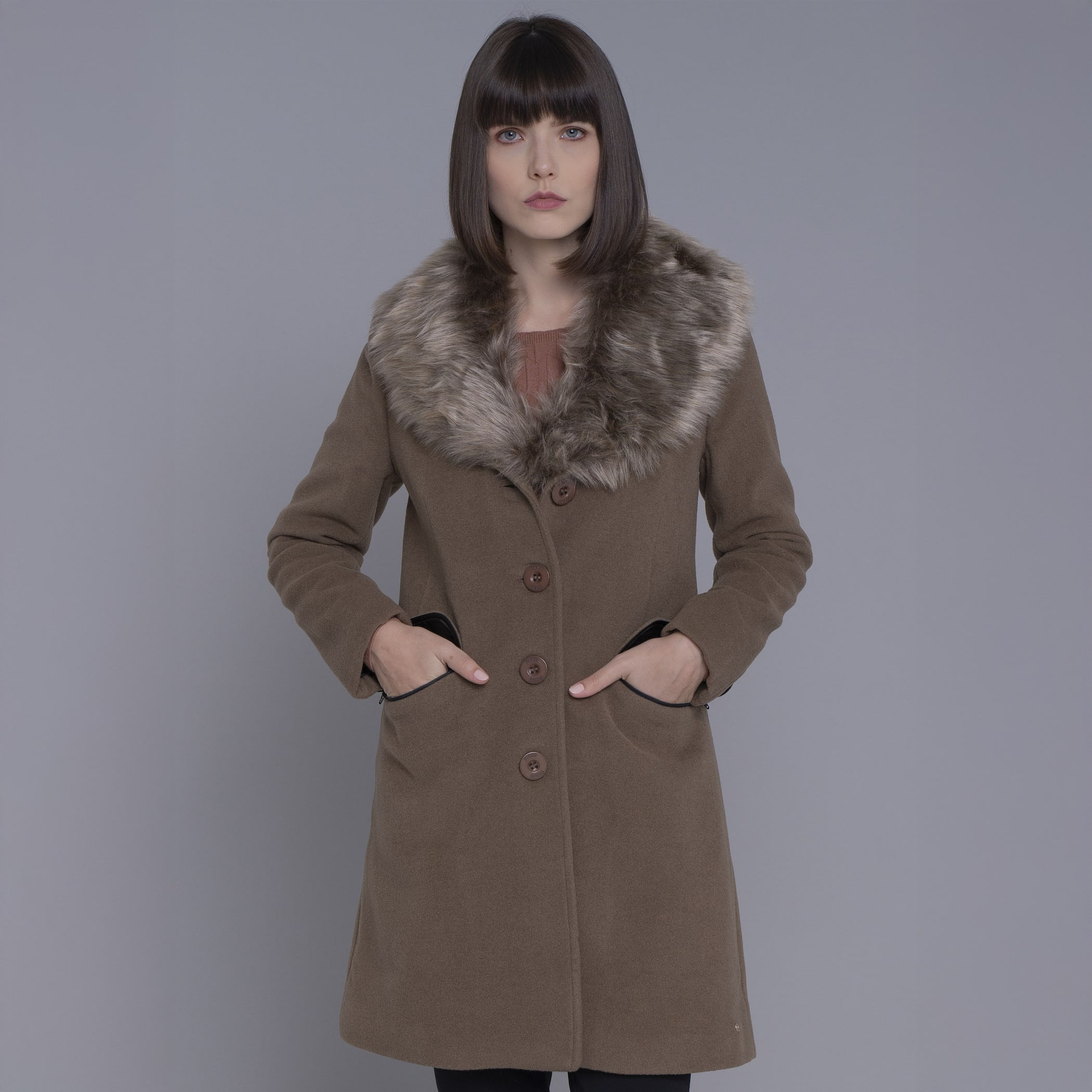 Sobretudo Térmico Feminino New Roma em Lã Premium Gola Pelos Removível