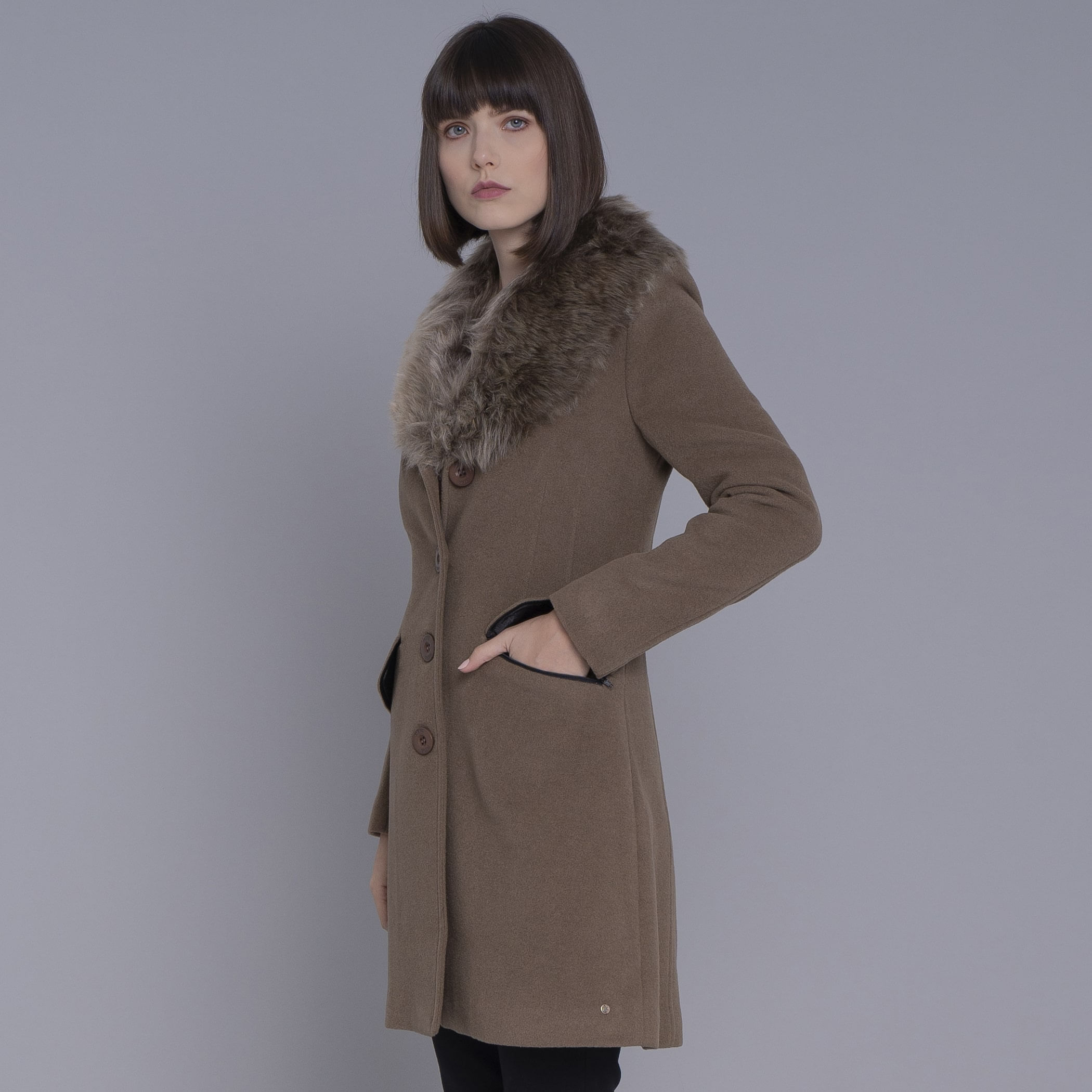 Sobretudo Térmico Feminino New Roma em Lã Premium Gola Pelos Removível