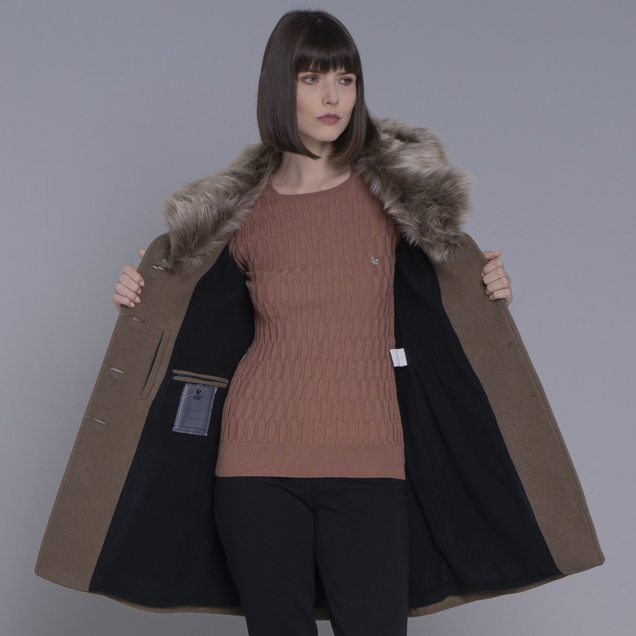 Sobretudo Térmico Feminino New Roma em Lã Premium Gola Pelos Removível