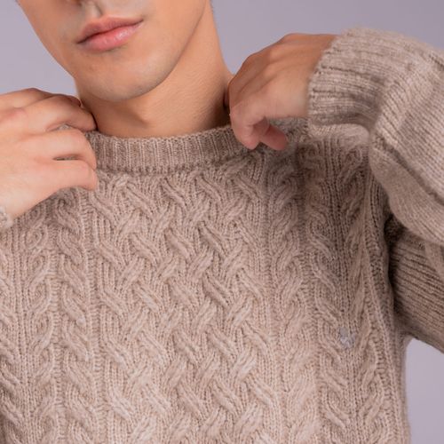 Suéter masculino em tricô trançado Angastaco com gola redonda
