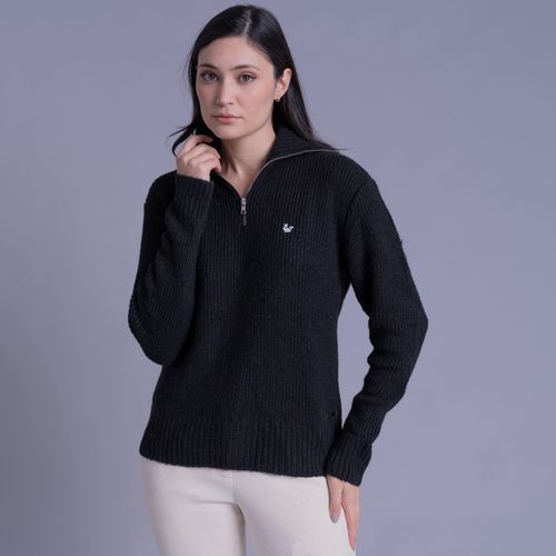 Suéter Feminino Courchevel Preto Canelado com Meio Zíper Fiero