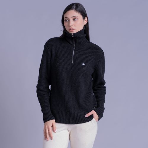 Suéter Feminino Courchevel Preto Canelado com Meio Zíper Fiero