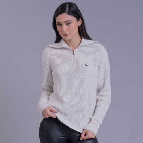 Suéter Feminino Courchevel Preto Canelado com Meio Zíper Fiero