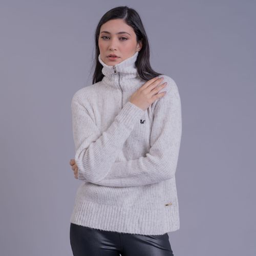 Suéter Feminino Courchevel Preto Canelado com Meio Zíper Fiero